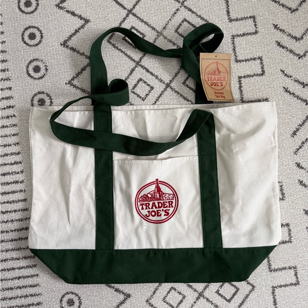 Trader Joe's Canvas Tote Bag in Cream and Forest Green
